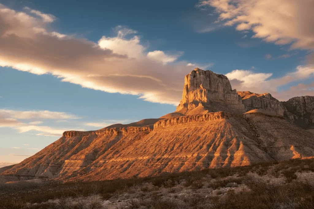 Scenic view of Guadalupe Peak in Trans-Pecos region showing Texas desert landscape at sunset