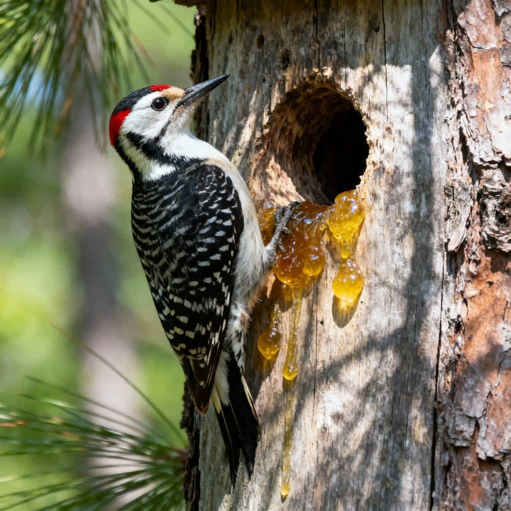 A black and white woodpecker with a red crown perched on a tree, drinking sap from a natural hole in the trunk, showcasing Texas wildlife and bird species.
