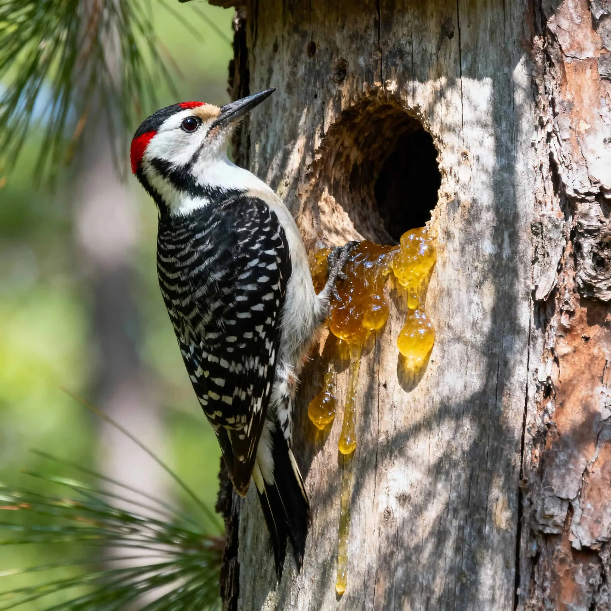A black and white woodpecker with a red crown perched on a tree, drinking sap from a natural hole in the trunk, showcasing Texas wildlife and bird species.