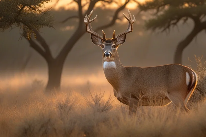 Edwards Plateau white-tailed deer buck with large antlers standing in Hill Country oak savanna habitat at dawn