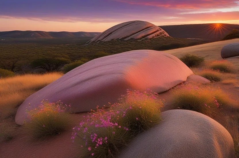 Enchanted Rock State Natural Area granite dome rising above the Edwards Plateau at sunset with Hill Country wildflowers