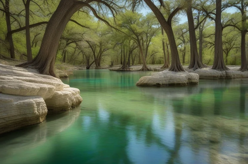 Edwards Plateau spring-fed river with crystal clear water, bald cypress trees, and limestone bluffs typical of Texas Hill Country waterways