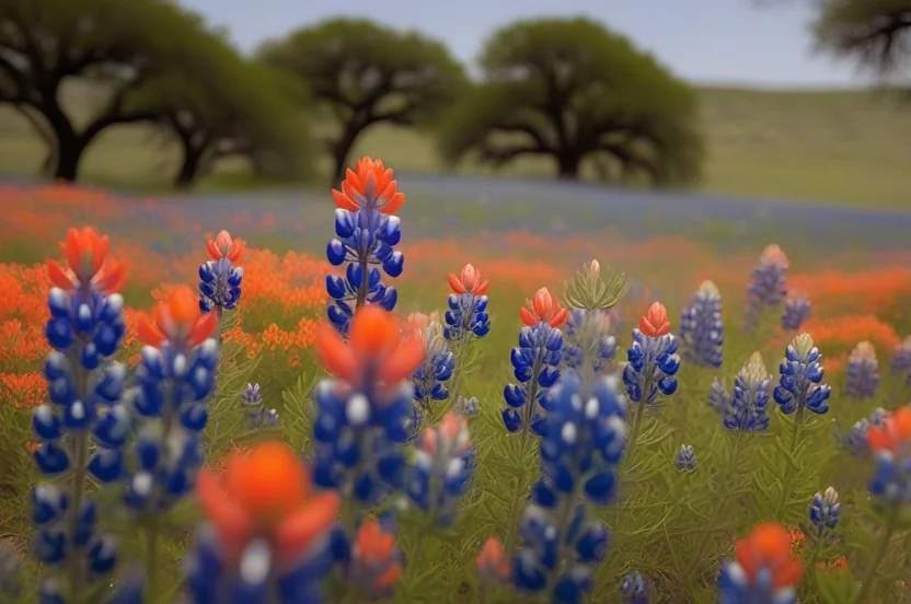 Edwards Plateau wildflowers including Texas bluebonnets and Indian paintbrush blooming across rolling Hill Country terrain