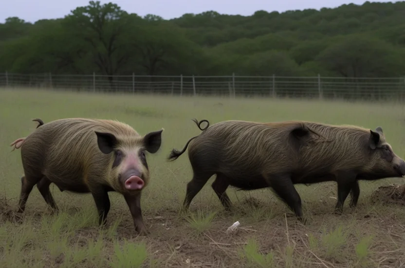 Feral hogs causing damage by rooting in Texas Hill Country pasture