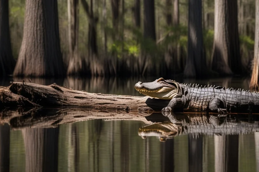 American alligator basking in Piney Woods cypress swamp habitat in East Texas