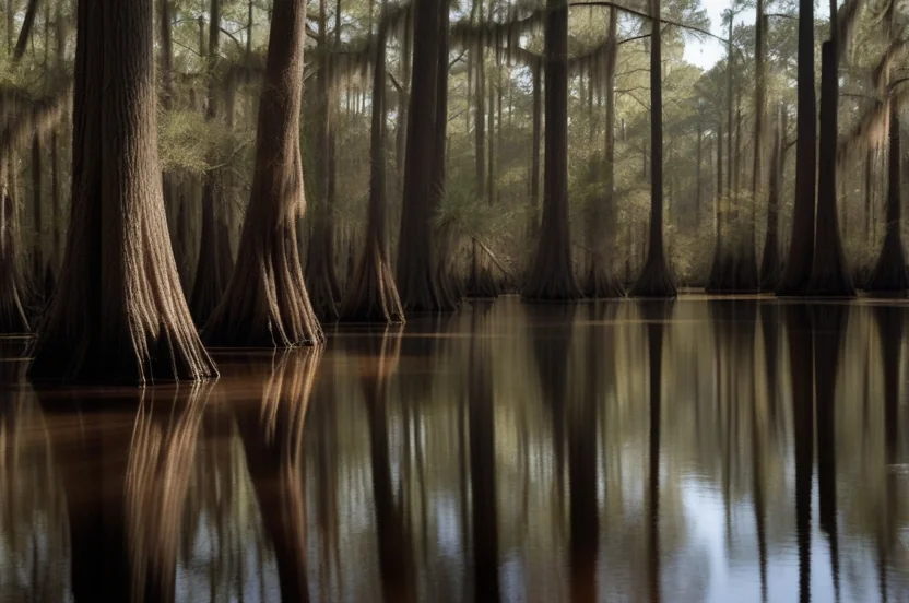 Serene blackwater stream in East Texas Piney Woods with bald cypress trees
