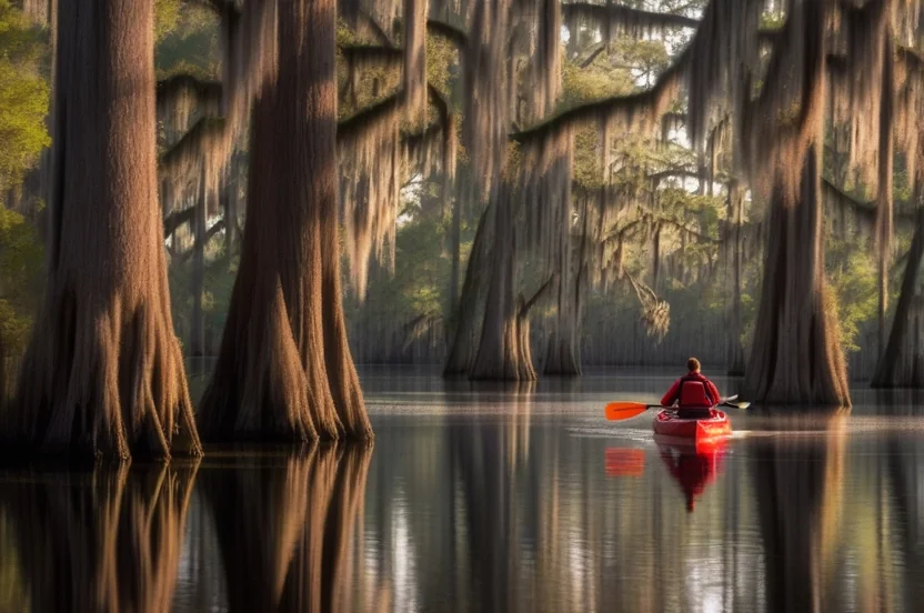 Kayaker paddling through cypress trees draped with Spanish moss at Caddo Lake
