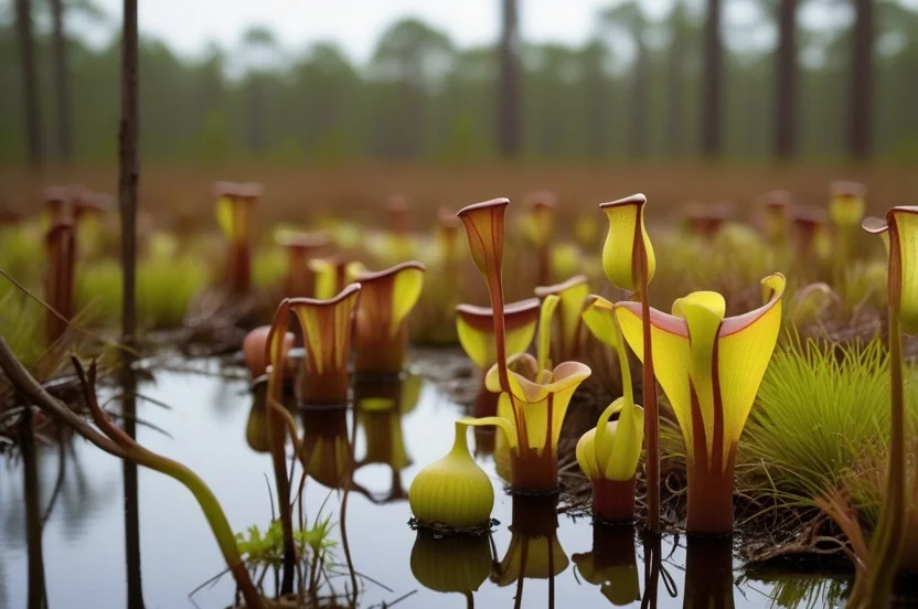 Piney Woods pitcher plants (Sarracenia) thriving in Big Thicket bog wetland habitat