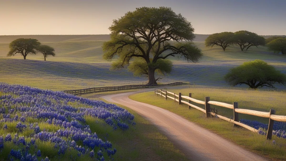 Scenic Texas Hill Country road surrounded by fields of bluebonnets and rustic fencing