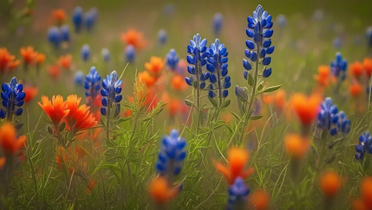 Texas wildflower meadow with bluebonnets and Indian paintbrush growing together