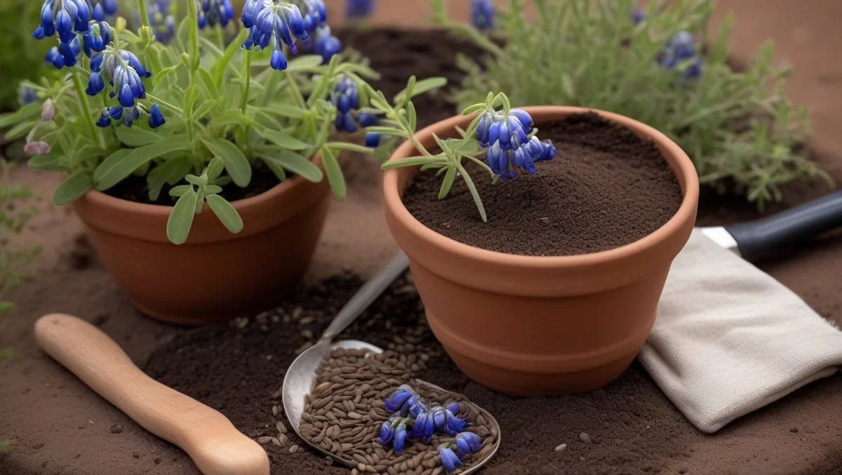 Texas bluebonnet seeds ready for planting with gardening supplies