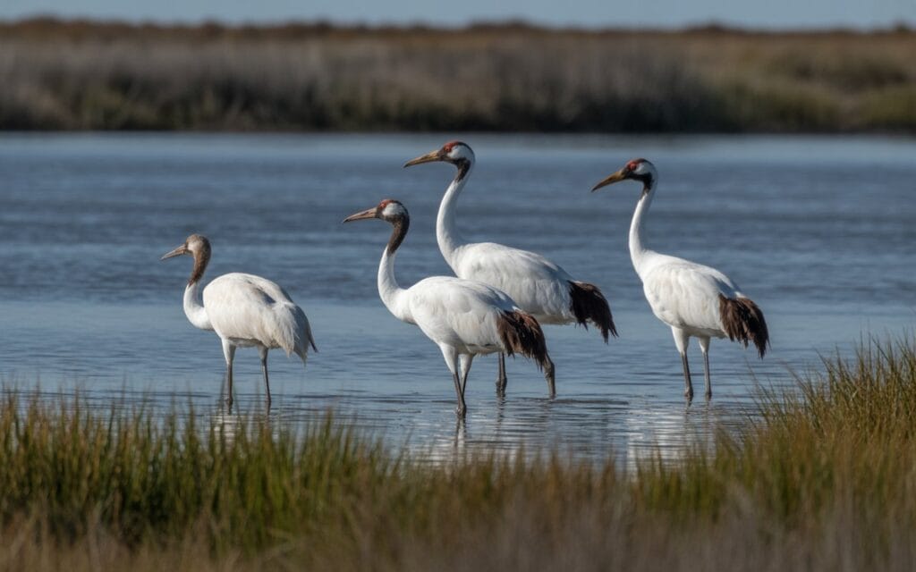 Whooping cranes in Gulf Prairies coastal marsh at Aransas National Wildlife Refuge