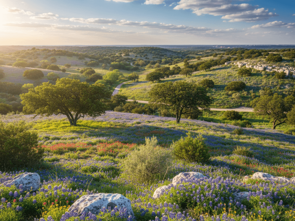 Edwards Plateau Hill Country with bluebonnets and limestone outcrops