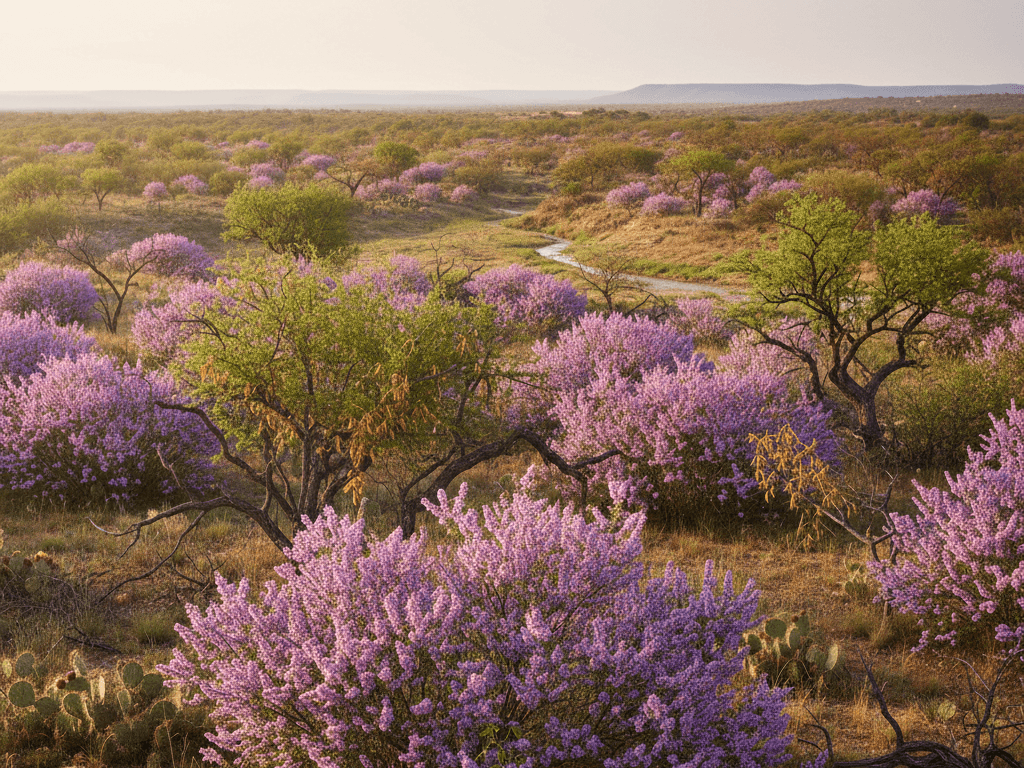 South Texas Plains brush country with flowering cenizo and mesquite