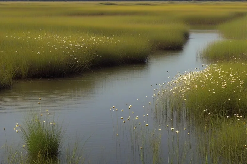 Gulf Coast native marsh plants with cordgrass and sea ox-eye daisies