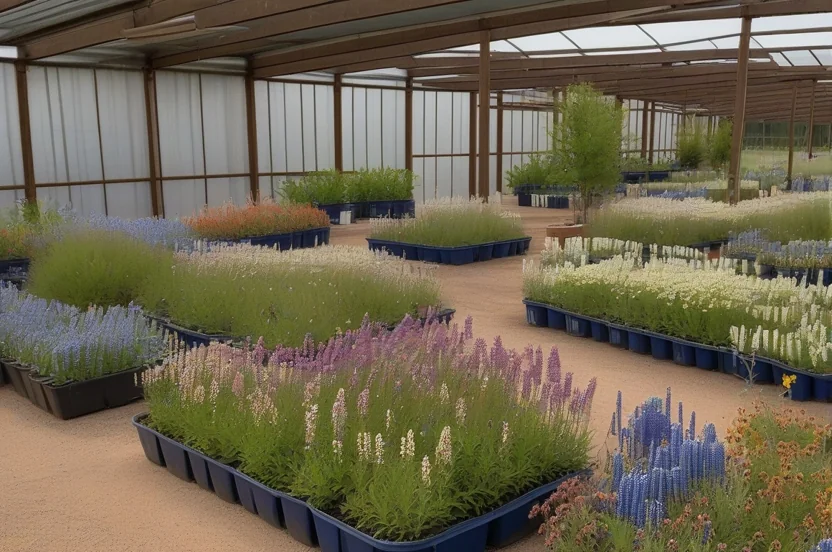 Texas native plant nursery with potted wildflowers and native grasses