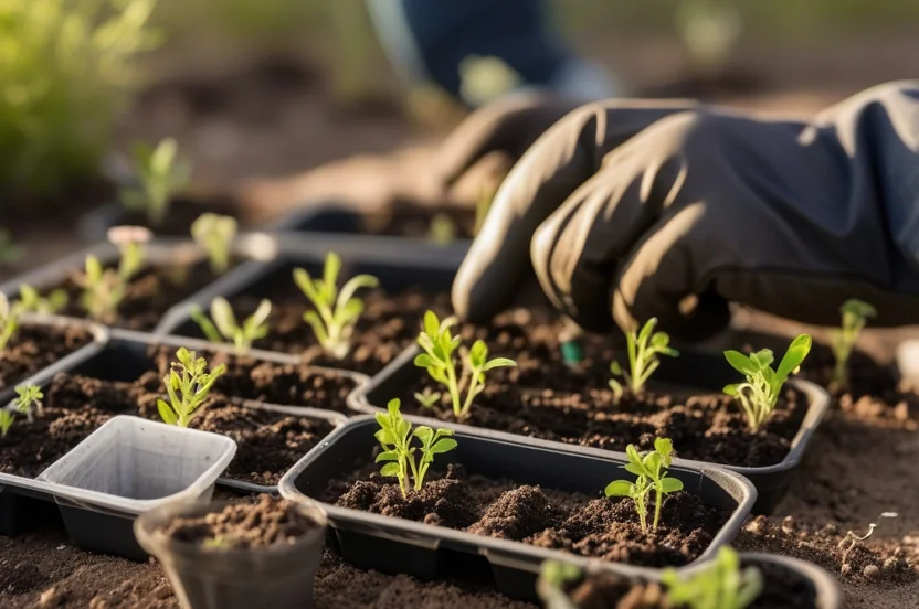 Planting native Texas wildflower seedlings in restoration project
