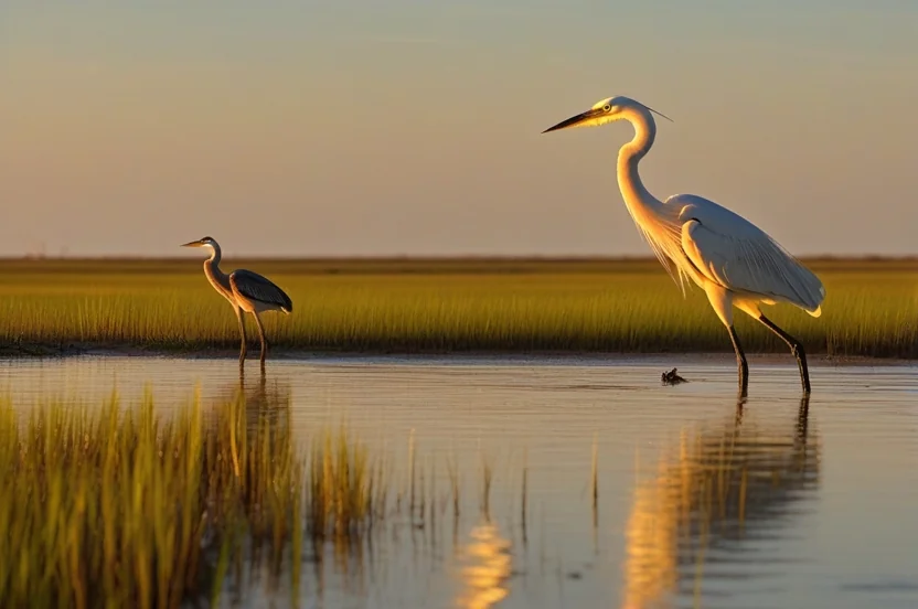 Wading birds in coastal marsh at Galveston Island State Park