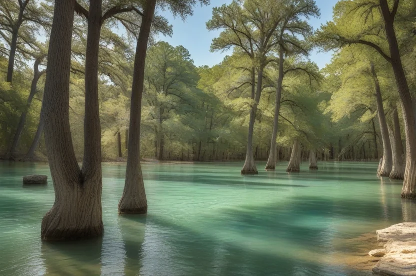 Frio River at Garner State Park with cypress trees and limestone banks
