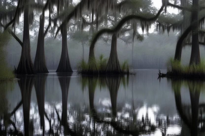 Cypress trees and Spanish moss reflected in Martin Dies Jr. State Park bayou one of Texas state parks by ecoregion.