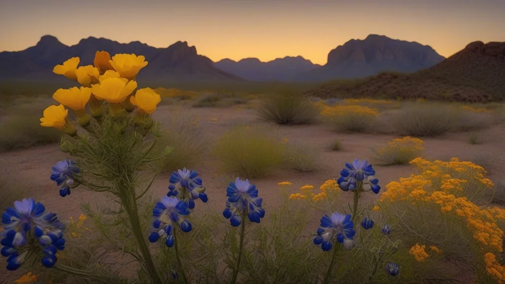 West Texas desert wildflowers blooming with Chisos Mountains backdrop in Big Bend