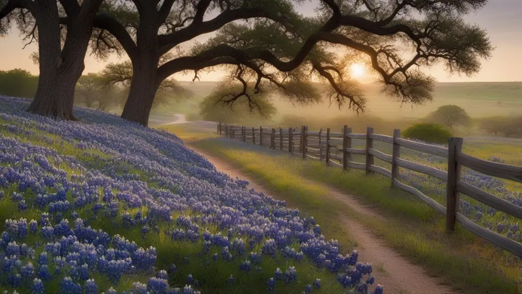 Bluebonnet fields in the Texas Hill Country along a rural highway