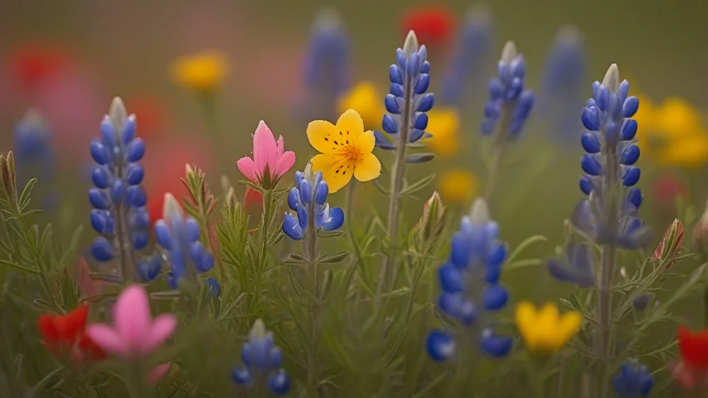 Variety of Texas wildflower species including bluebonnets, Indian paintbrush, and pink evening primrose