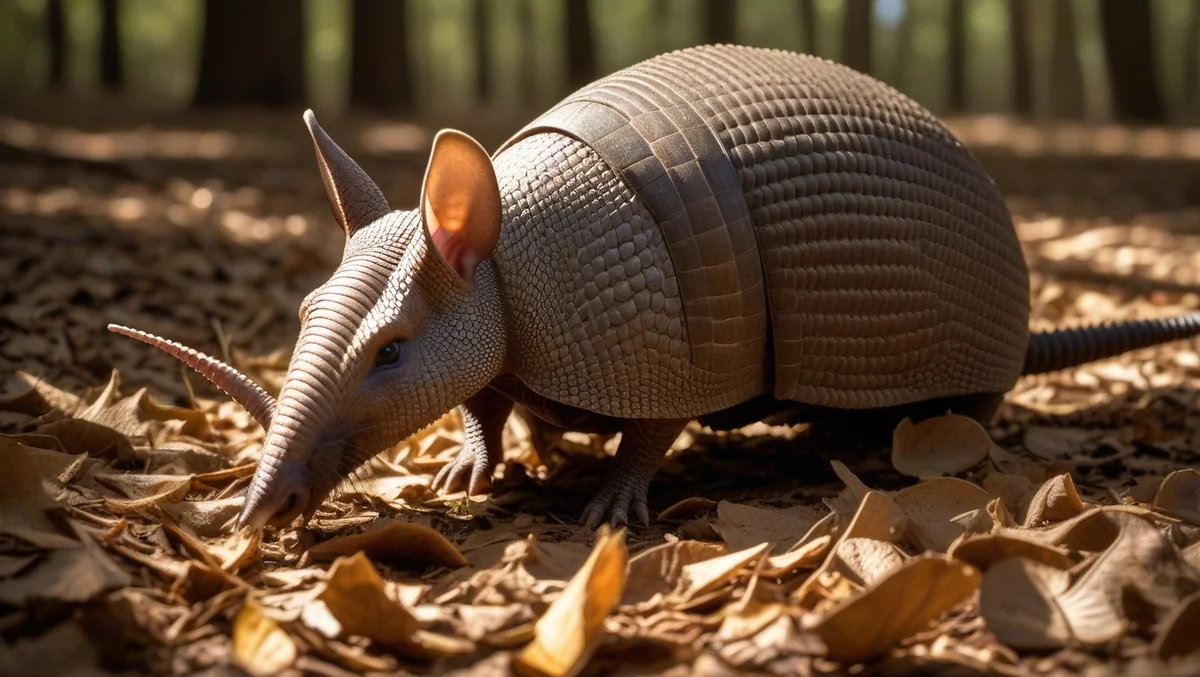 Nine-banded armadillo with its distinctive armored shell foraging in Texas woodland