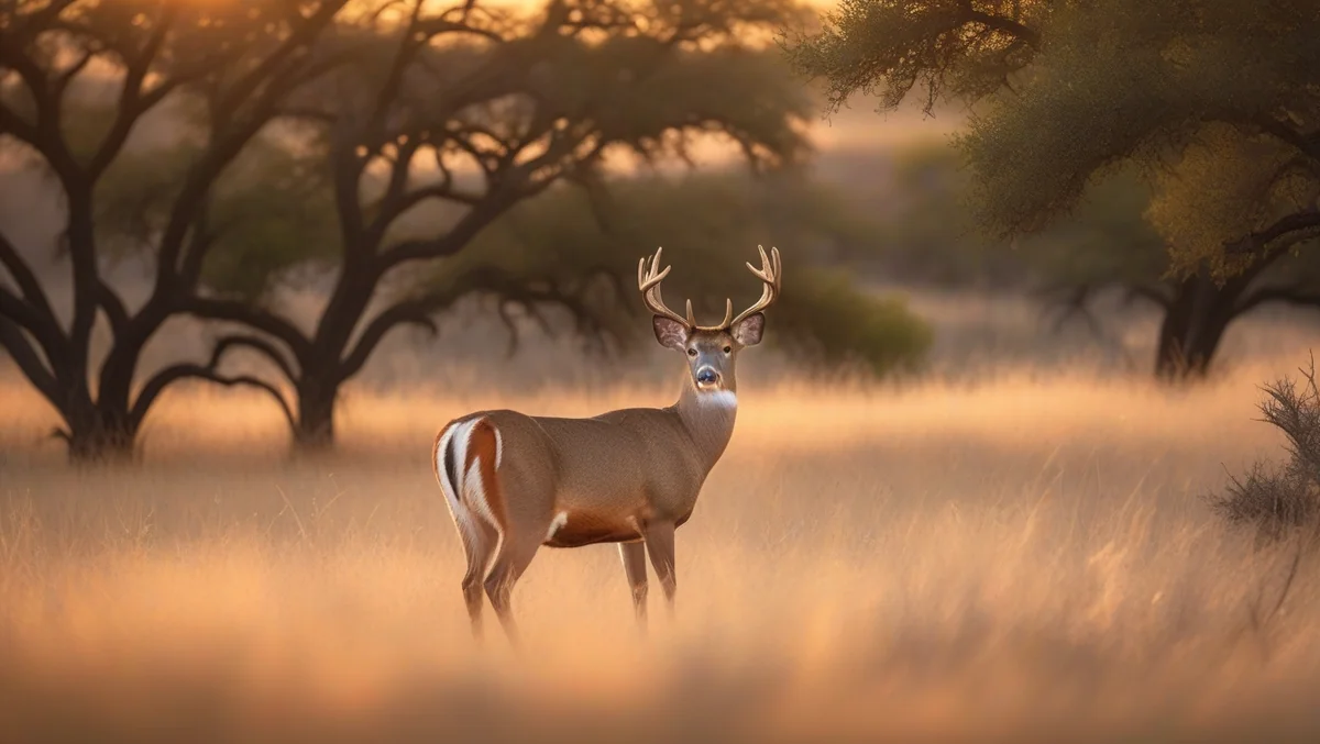 White-tailed buck deer with impressive antlers standing in Texas Hill Country at sunset