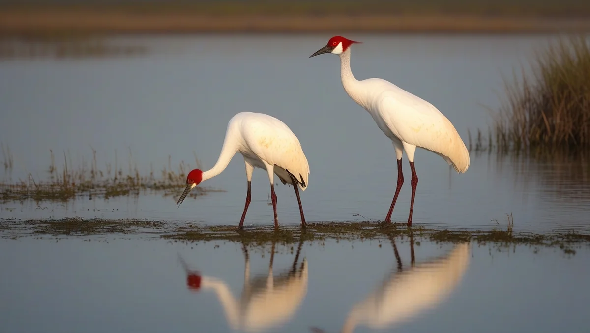 Pair of whooping cranes wading in coastal marsh waters at Aransas National Wildlife Refuge in Texas